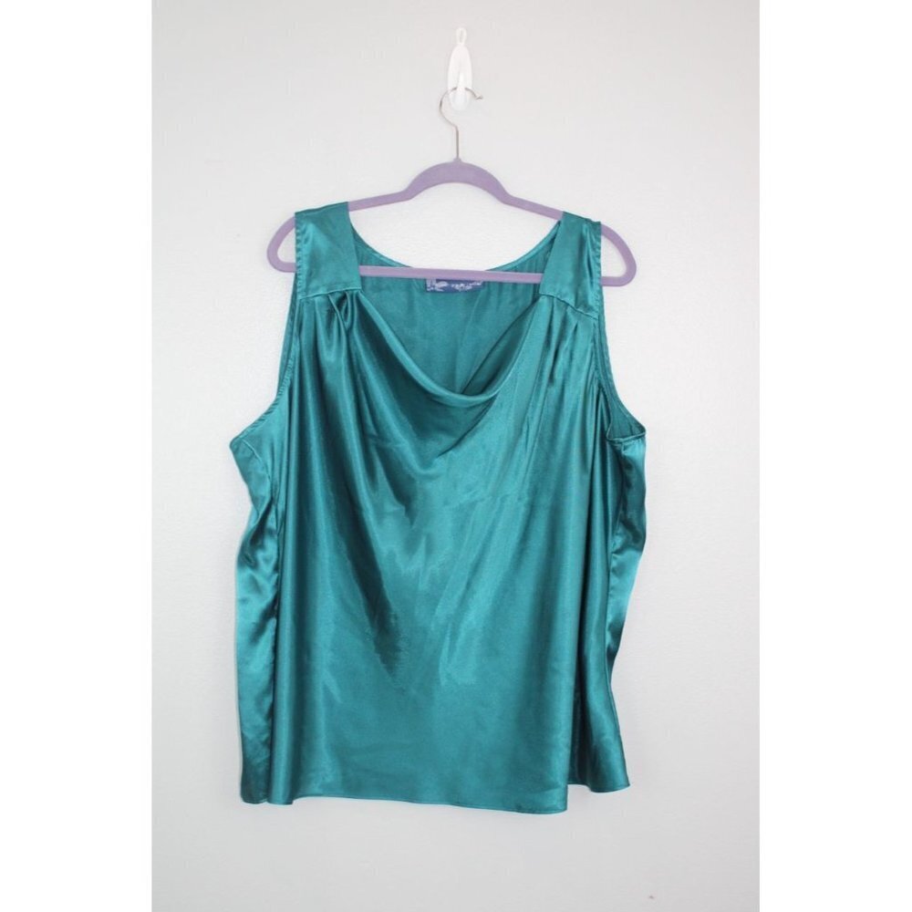 Susan Graver Blouse Women's 3X Green Sleeveless Emerald Green Cowl Neck Silky